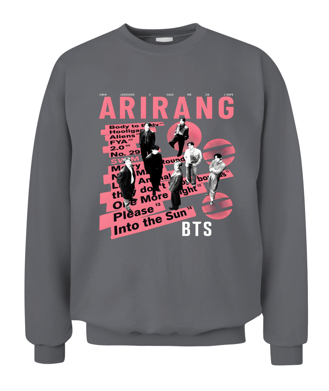 BurgerPrints Bangtan Members Arirang Tracklist Unisex Crewneck Sweatshirt | Gildan 18000 Charcoal Apparel