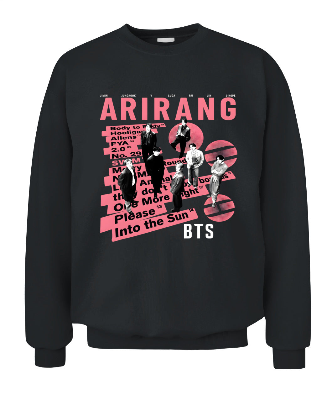 BurgerPrints Bangtan Members Arirang Tracklist Unisex Crewneck Sweatshirt | Gildan 18000 Black Apparel