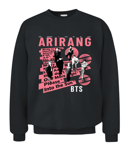 BurgerPrints Bangtan Members Arirang Tracklist Unisex Crewneck Sweatshirt | Gildan 18000 Black Apparel