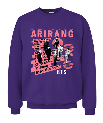 BurgerPrints Bangtan Members Arirang Tracklist Unisex Crewneck Sweatshirt | Gildan 18000 Purple Apparel