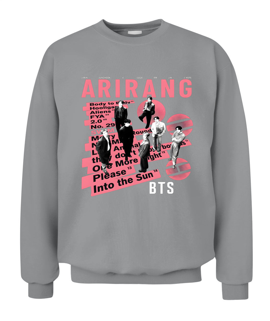 BurgerPrints Bangtan Members Arirang Tracklist Unisex Crewneck Sweatshirt | Gildan 18000 Sport Grey Apparel