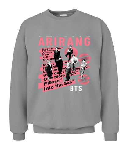 BurgerPrints Bangtan Members Arirang Tracklist Unisex Crewneck Sweatshirt | Gildan 18000 Sport Grey Apparel