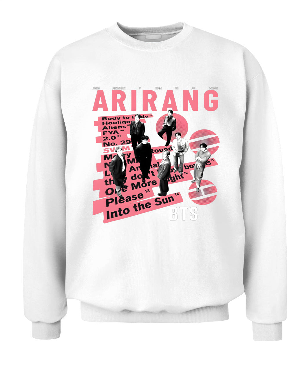 BurgerPrints Bangtan Members Arirang Tracklist Unisex Crewneck Sweatshirt | Gildan 18000 White Apparel