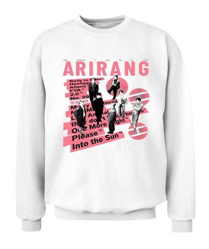 BurgerPrints Bangtan Members Arirang Tracklist Unisex Crewneck Sweatshirt | Gildan 18000 White Apparel