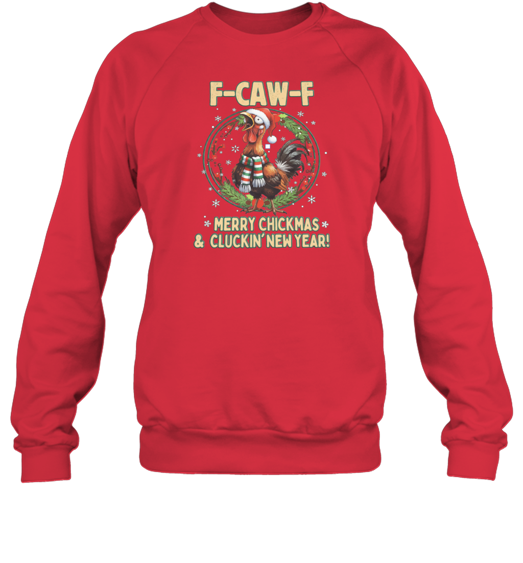 WarningPrint F Caw F Christmas and Cluckin New Year Sweatshirt Red