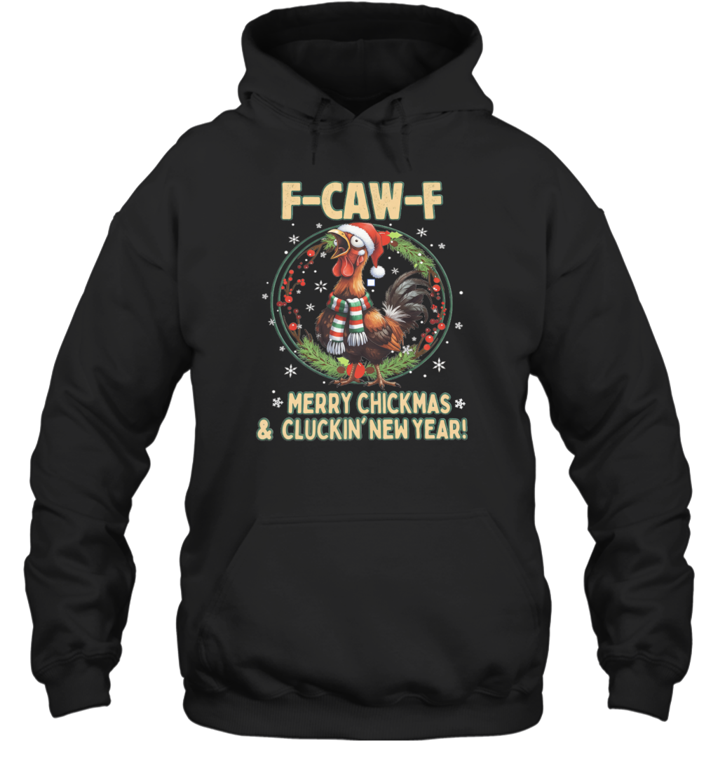 WarningPrint F Caw F Christmas and Cluckin New Year Hoodie Black